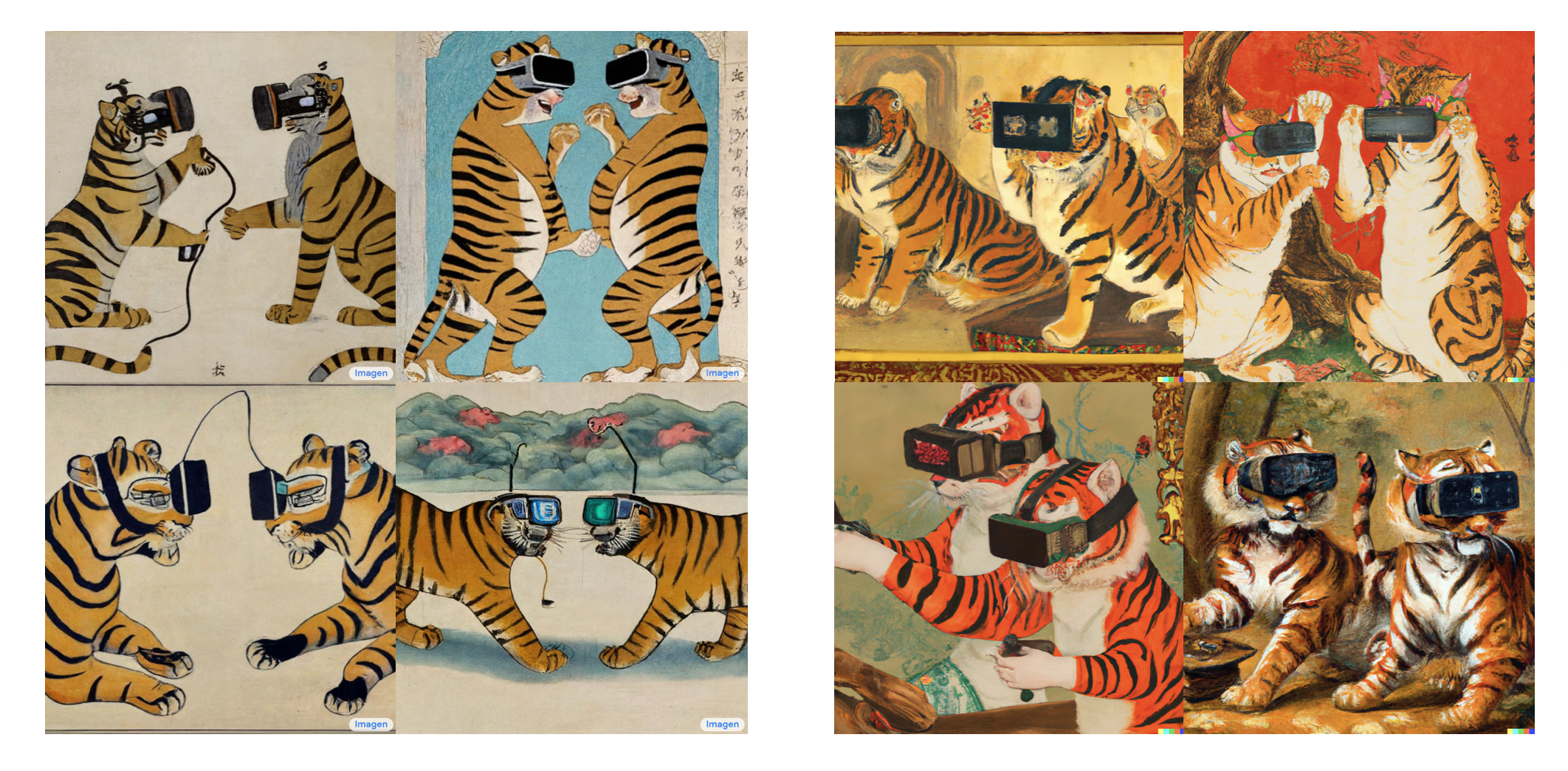 Запрос: “Oriental painting of tigers wearing VR headsets during the Song dynasty” (“Ориентальная картина с тиграми в очках виртуальной реальности времен династии Сун”), слева Imagen, справа – DALL-E 2
Источник:  https://twitter.com/hardmaru/status/1532757753797586944