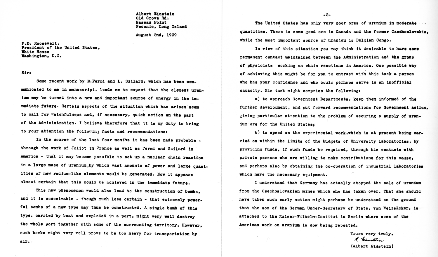 Первое письмо Эйнштейна Рузвельту