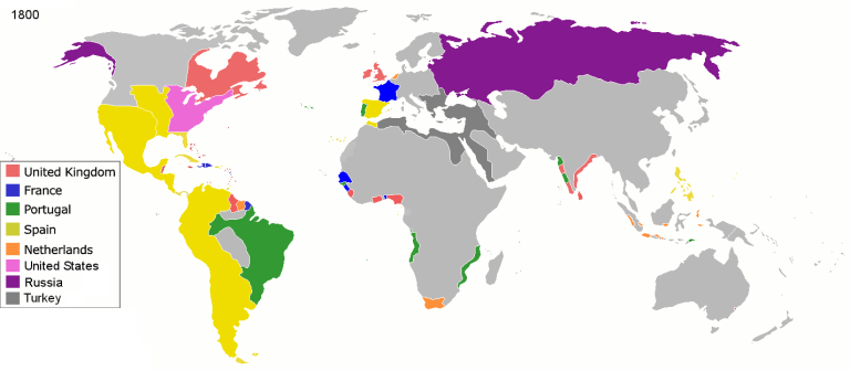 Желтым отмечены испанские территории к 1800-му году. Википедия.