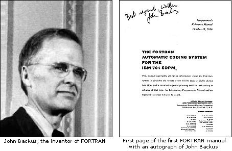 Автор Fortran Джон Бэкус и первая страница Fortran Manual