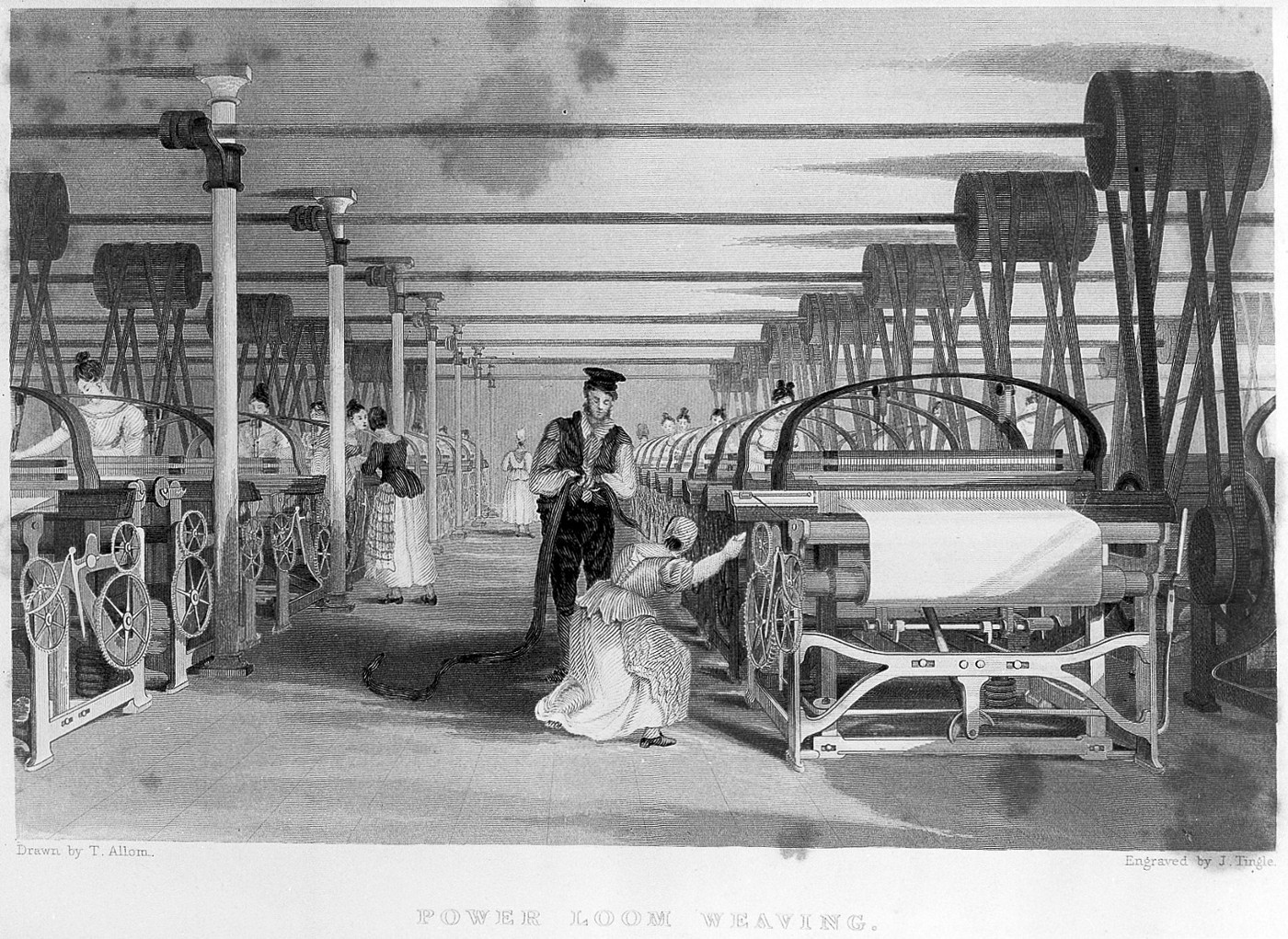 Женщины, работающие на ткацкой фабрике под присмотром менеджера, Гравюра Дж. Тингла 1835 г. (с иллюстрации Т. Аллома) с изображением механических ткацких станков на текстильной фабрике во время промышленной революции