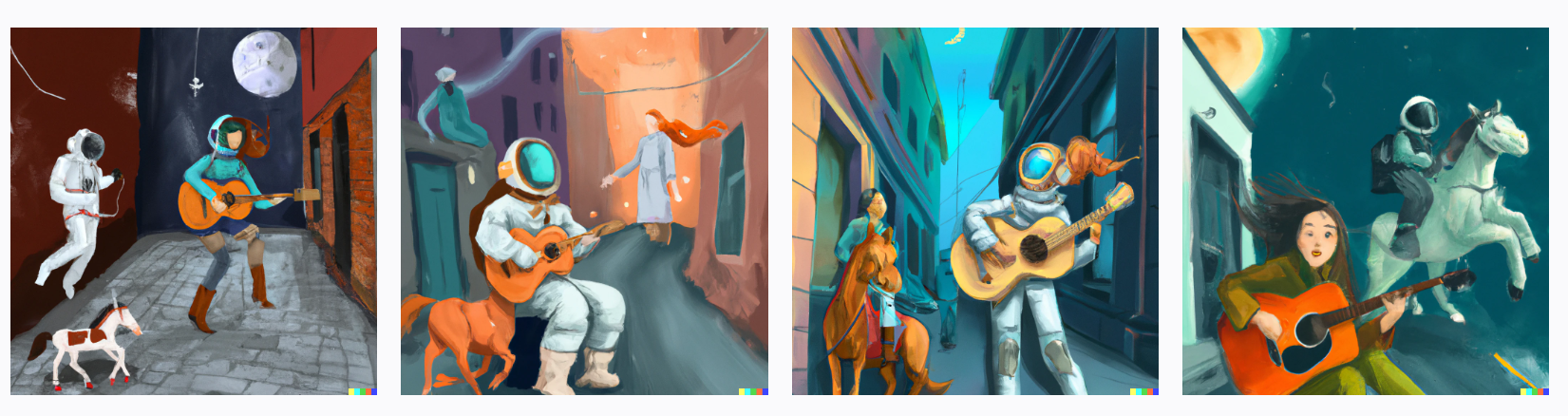 a girl plays the guitar and sings on the street, an astronaut rides by, sitting on a horse, digital art