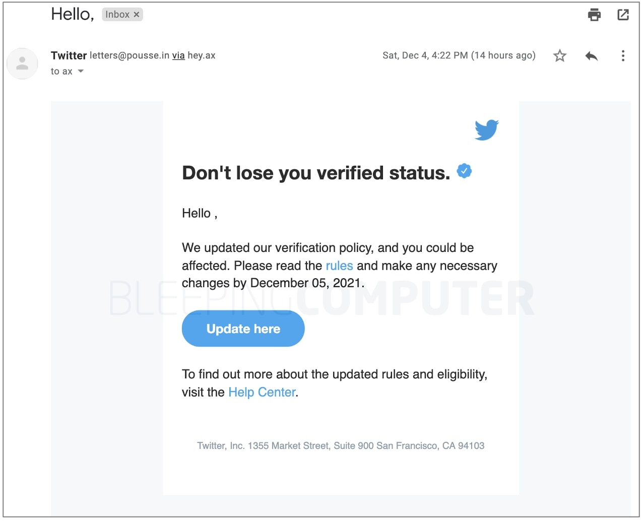 BleepingComputer обнаружил фишинговую кампанию, направленную на верифицированные аккаунты Twitter