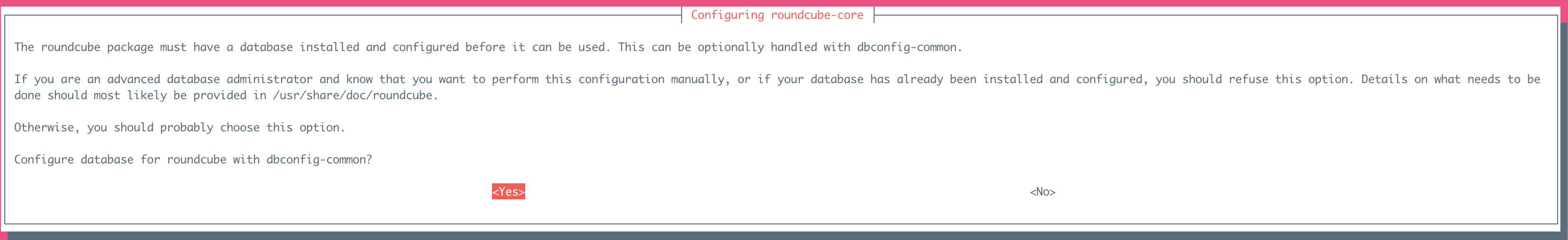Configure database for roundcube with dbconfig-common? <-- Yes