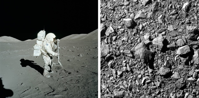 Рисунок 4. На изображении слева представлена поверхность Луны, покрытая слоем реголита и пыли. На нем запечатлен момент, когда астронавт НАСА Харрисон Шмитт собирал лунные образцы в рамках миссии «Аполлон-17» на посадочной площадке Таурус-Литтроу 11 декабря 1972 года. Авторство фотографии принадлежит Юджину А. Сернану/НАСА. Справа находится изображение каменистой поверхности астероида-спутника Диморфос диаметром 150 метров (поле зрения фотокамеры 31 метр в поперечнике). Это изображение было получено 26 октября 2022 года с космического корабля DART и предоставлено NASA/Johns Hopkins APL.
