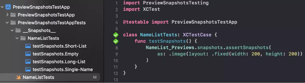 Figure 4: Xcode unit test using PreviewSnapshots to test the four different input states defined above with a single call to assertSnapshots