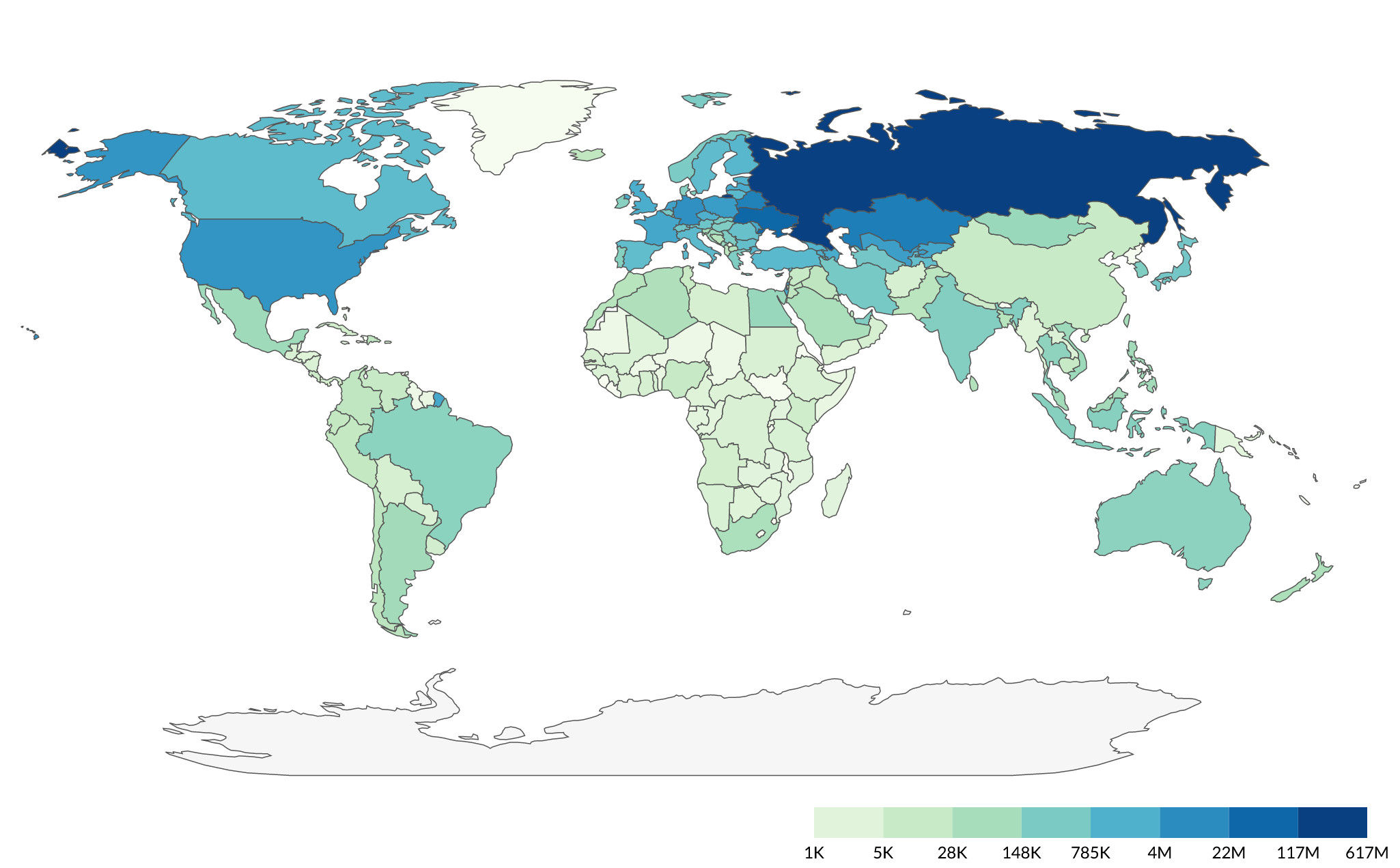 Илл. 3. Страны, из которых посещали русскоязычную Википедию в апреле 2022