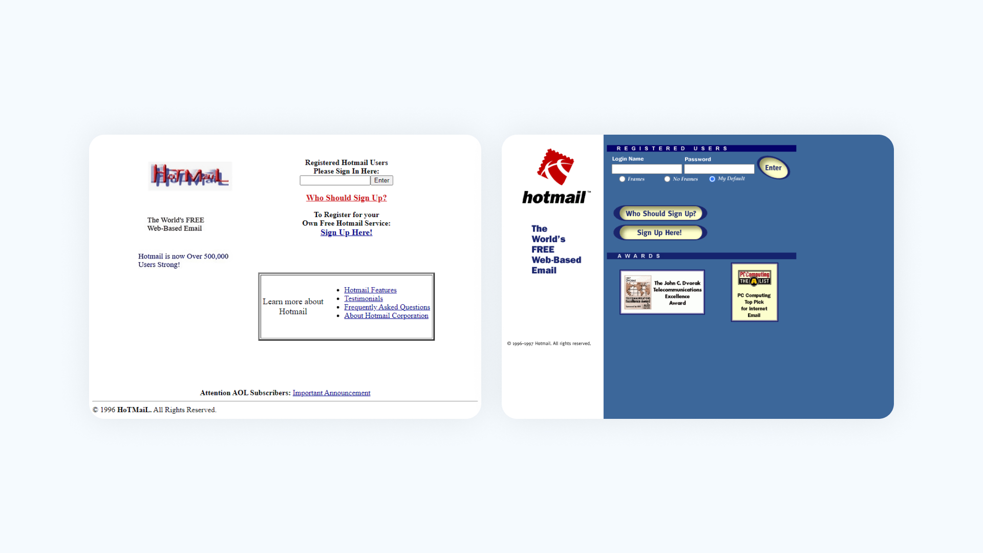 Интерфейс входа в почтовый ящик HotMail в 1996 и 1997 годах  
