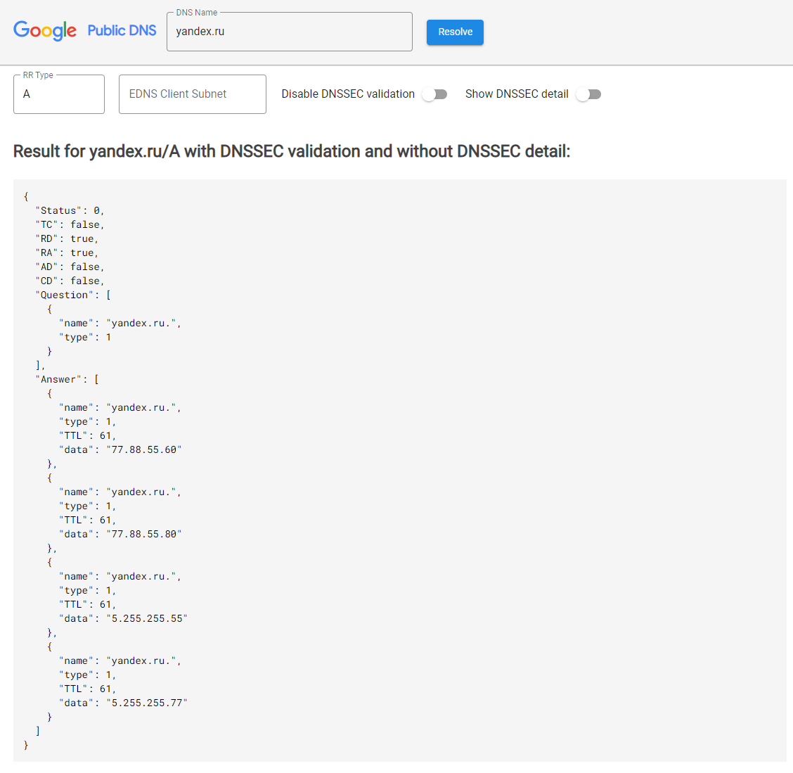 dns.google.com — резолвинг доменного имени yandex.ru