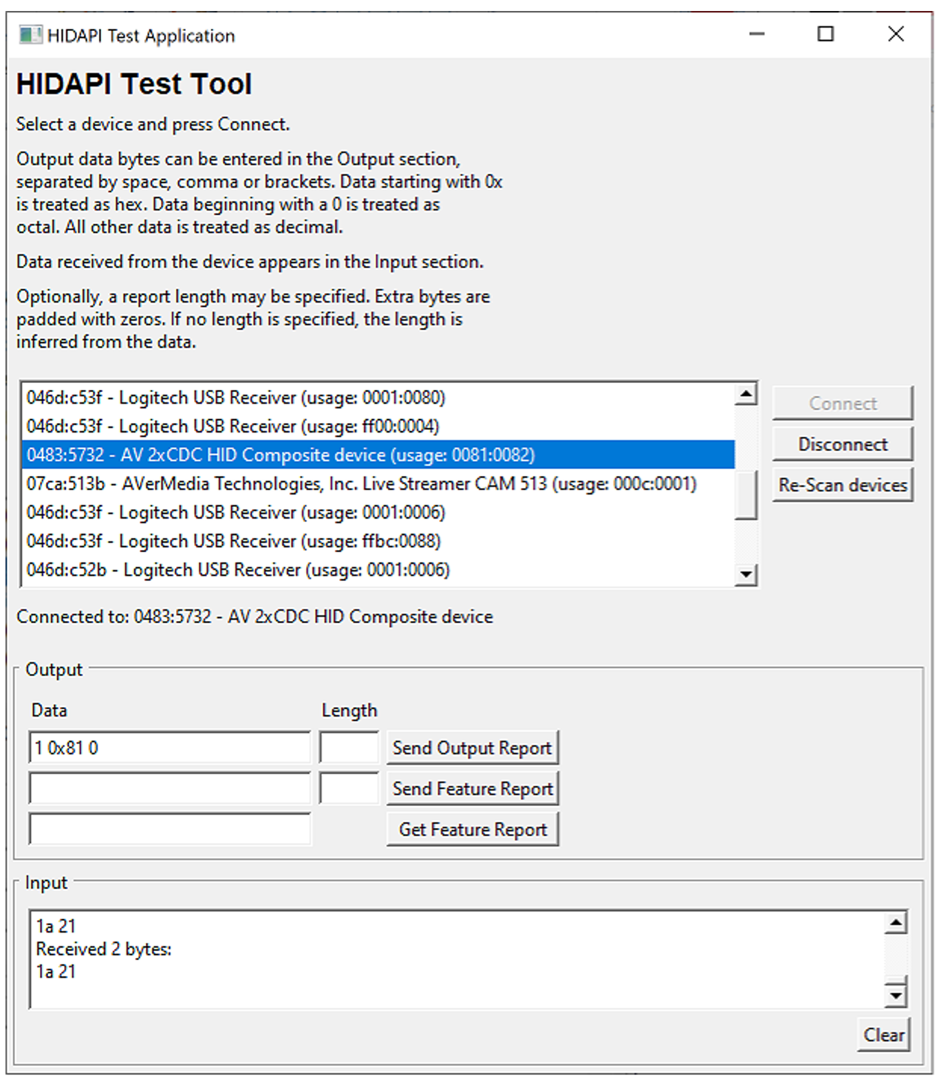 Пример использования HIDAPI Test Tool для диагностики USB HID интерфейса.