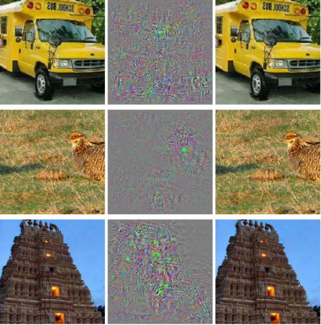 Рис 6. Левые изображения классифицировались правильно, но после добавления шума (средний столбец) все картинки стали распознаваться как страус (https://arxiv.org/pdf/1312.6199.pdf).