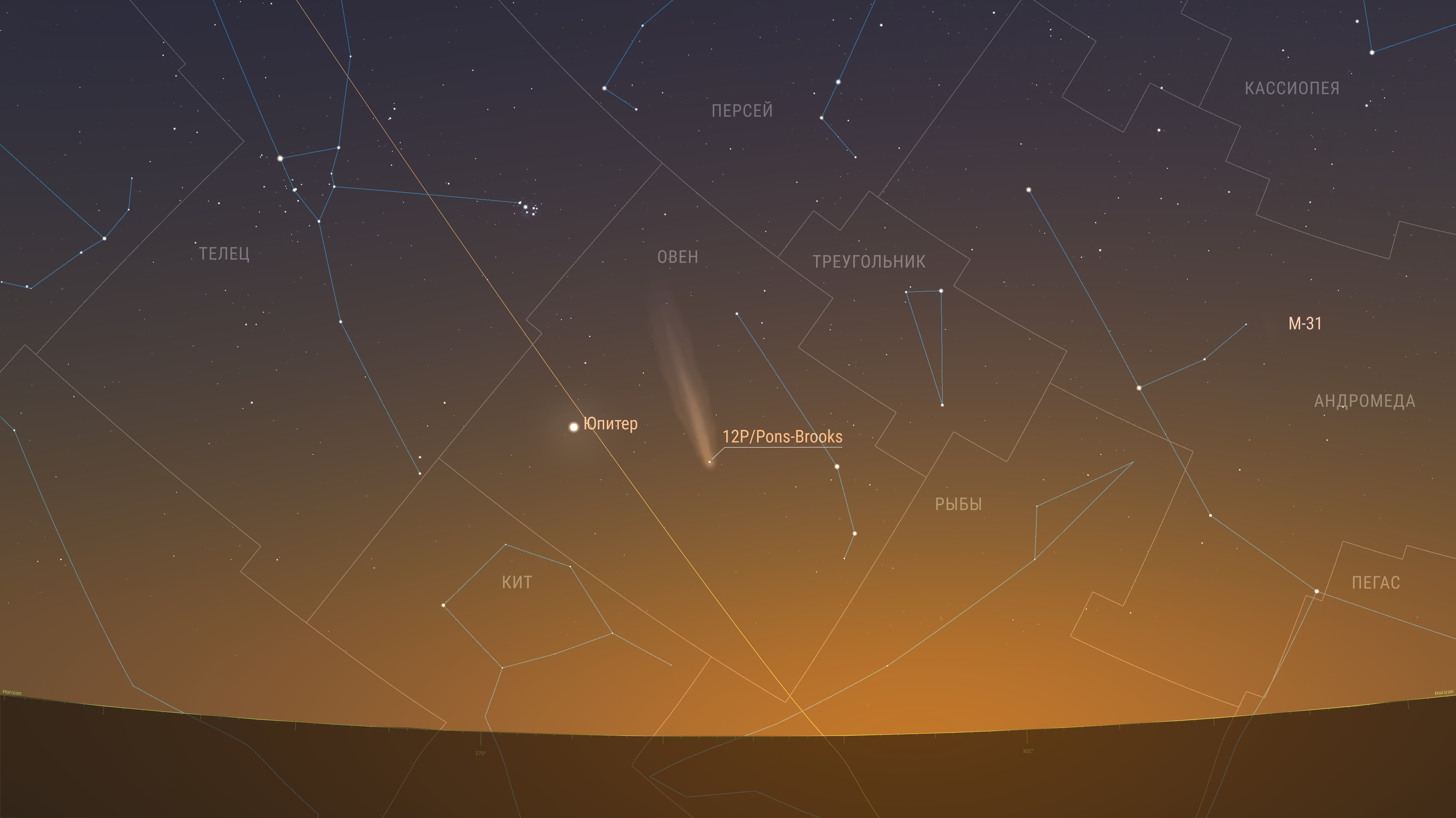 Комета продолжает движение по созвездию Овна и постепенно сближается с Юпитером. Высота над горизонтом к началу видимости уже менее 15 градусов. Предполагаемая звездная величина 4,00m. Элонгация 25 градусов.  
