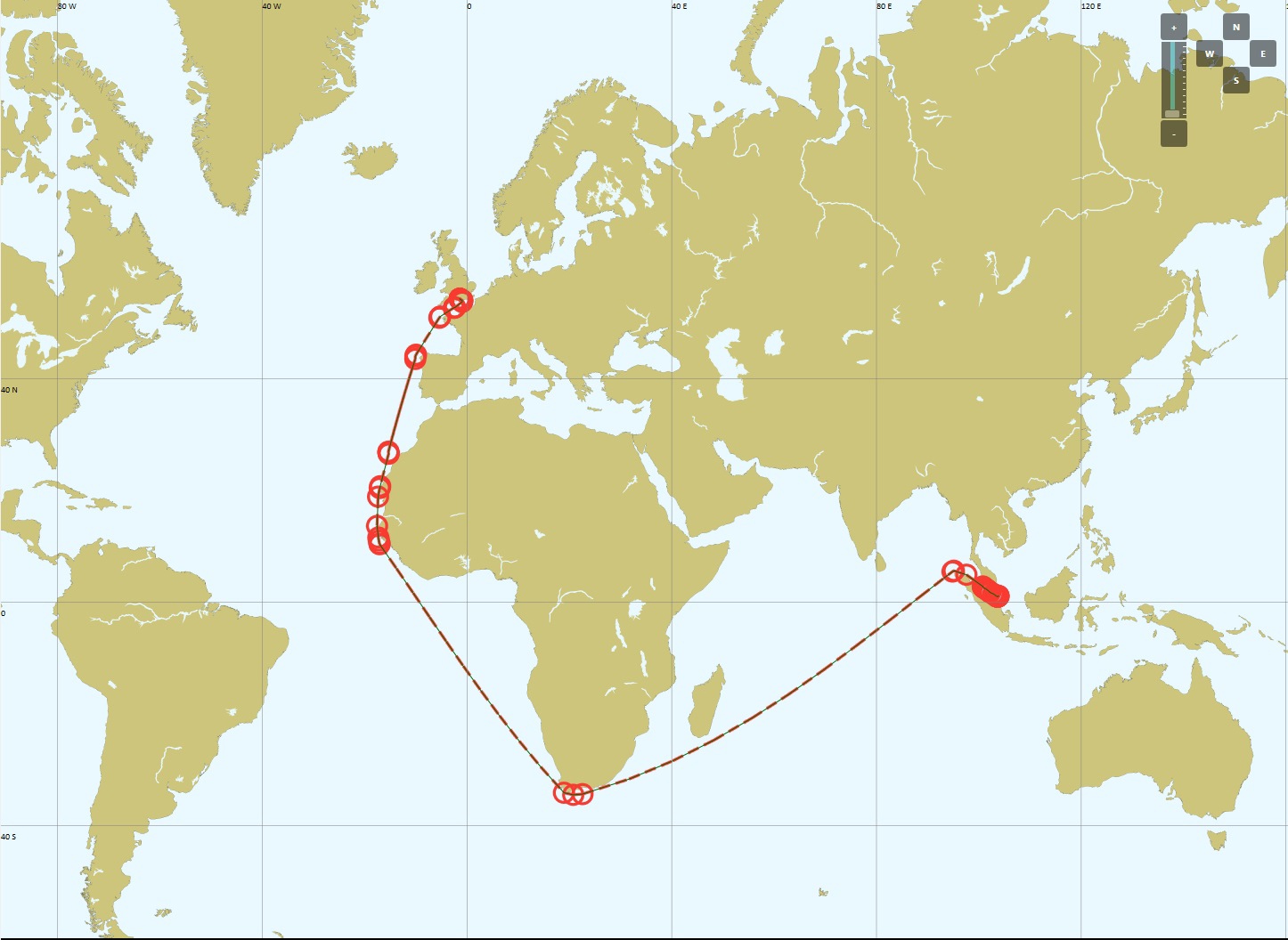 Саутгемптон – Сингапур вокруг Африки 11600 морских миль
