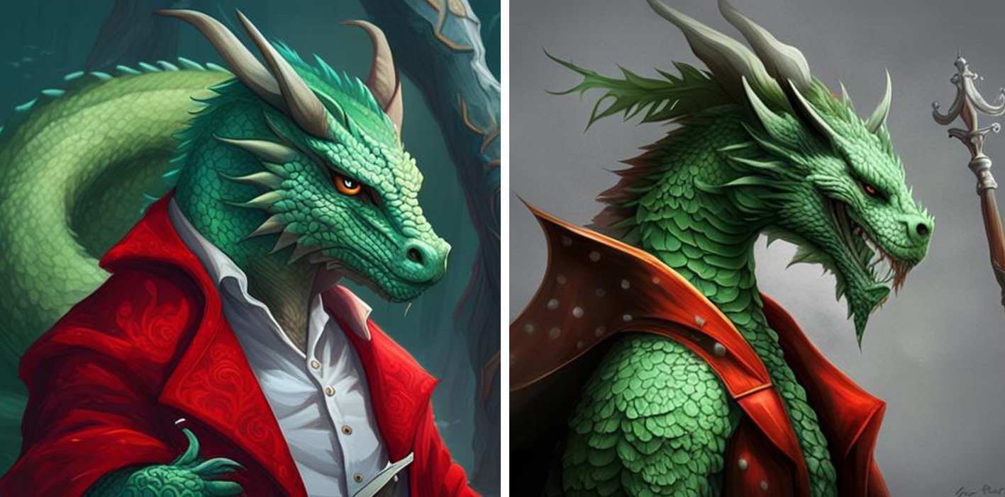 Слева – зеленый дракон в красной шубе с белой оторочкой, посох в лапе, справа – green dragon in a red fur coat with white trim, a staff in his paw   