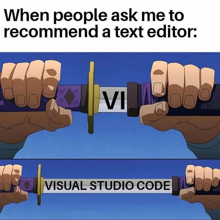 When people ask me to recommend a text editor: short sword = VI. long sword = Visual Studio Code