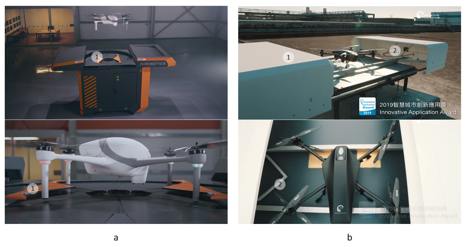 Примеры платформ для БПЛА с V- и W-образными толкателями. (a), станция Airobotics с параллельными W-образными толкателями (1); (b), станция Coretronic Intelligent Robotics (CIRC) с V-образными толкателями (2), интегрированными с крышками (1)