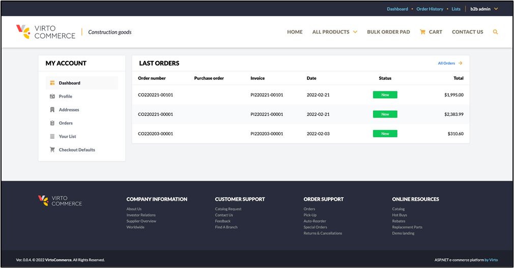 Dashboard B2B Home page for authorized users