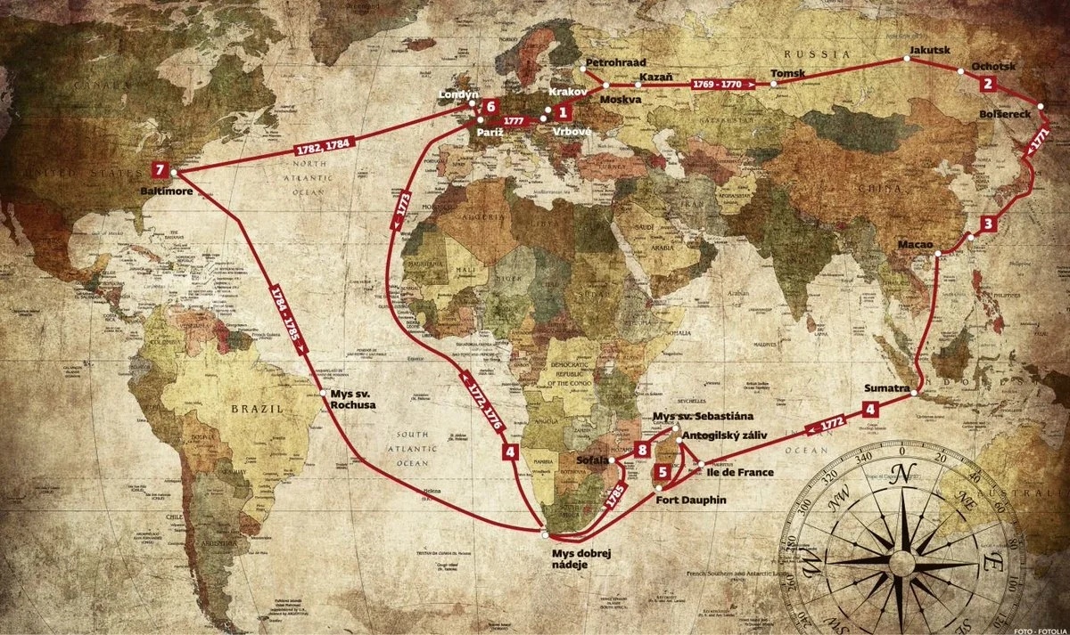 Карта путешествий Беневского, цифрами 2-6 показан маршрут "Большерецкого бунта".