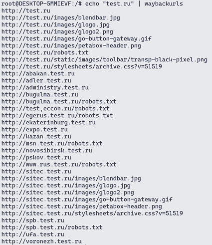 Поиск URL-адресов в сервисе waybackmachine для доменного имени test.ru с помощью утилиты waybackurls