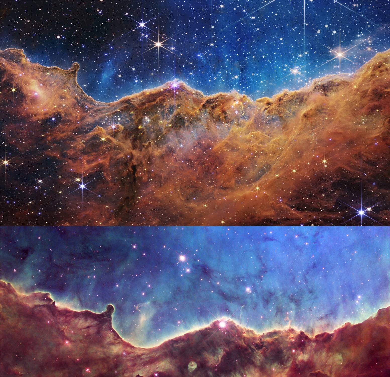 Изображение туманности Эты Киля, сверху — телескоп Джеймс Уэбб, снизу — телескоп Хаббл