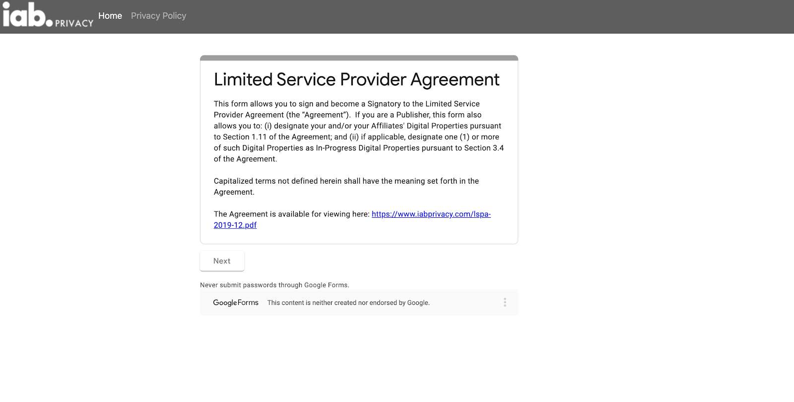 Форма подачи заявки на подписание Limited Service Provider Agreement