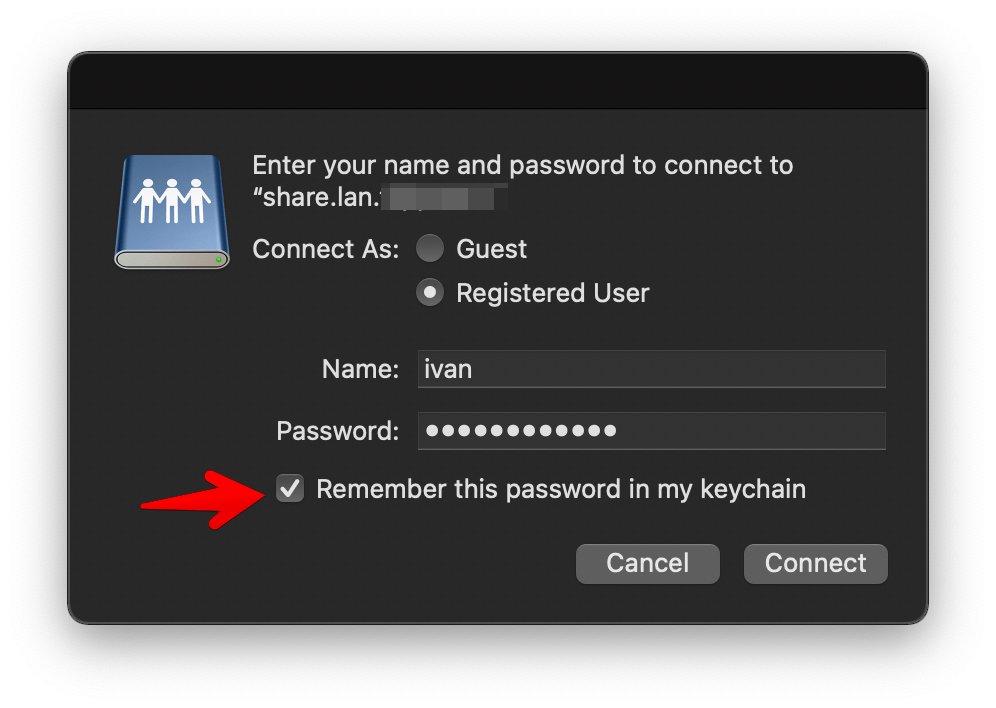 При подключении к удаленному SMB важно сохранить пароль 