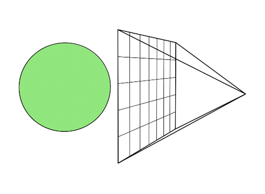 Рисунок 3: Чтобы отрисовать кадр, мы рассчитываем основной луч для каждого пикселя буфера кадров.