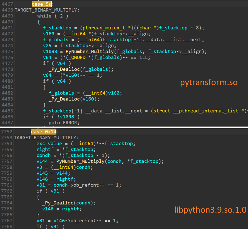 Сравнение похожих блоков кода в интерпретаторах pytransform.so и libpython.so