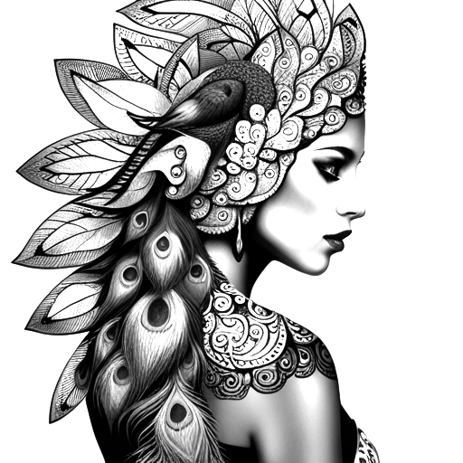 Detailed black and white coloring: peacock girl