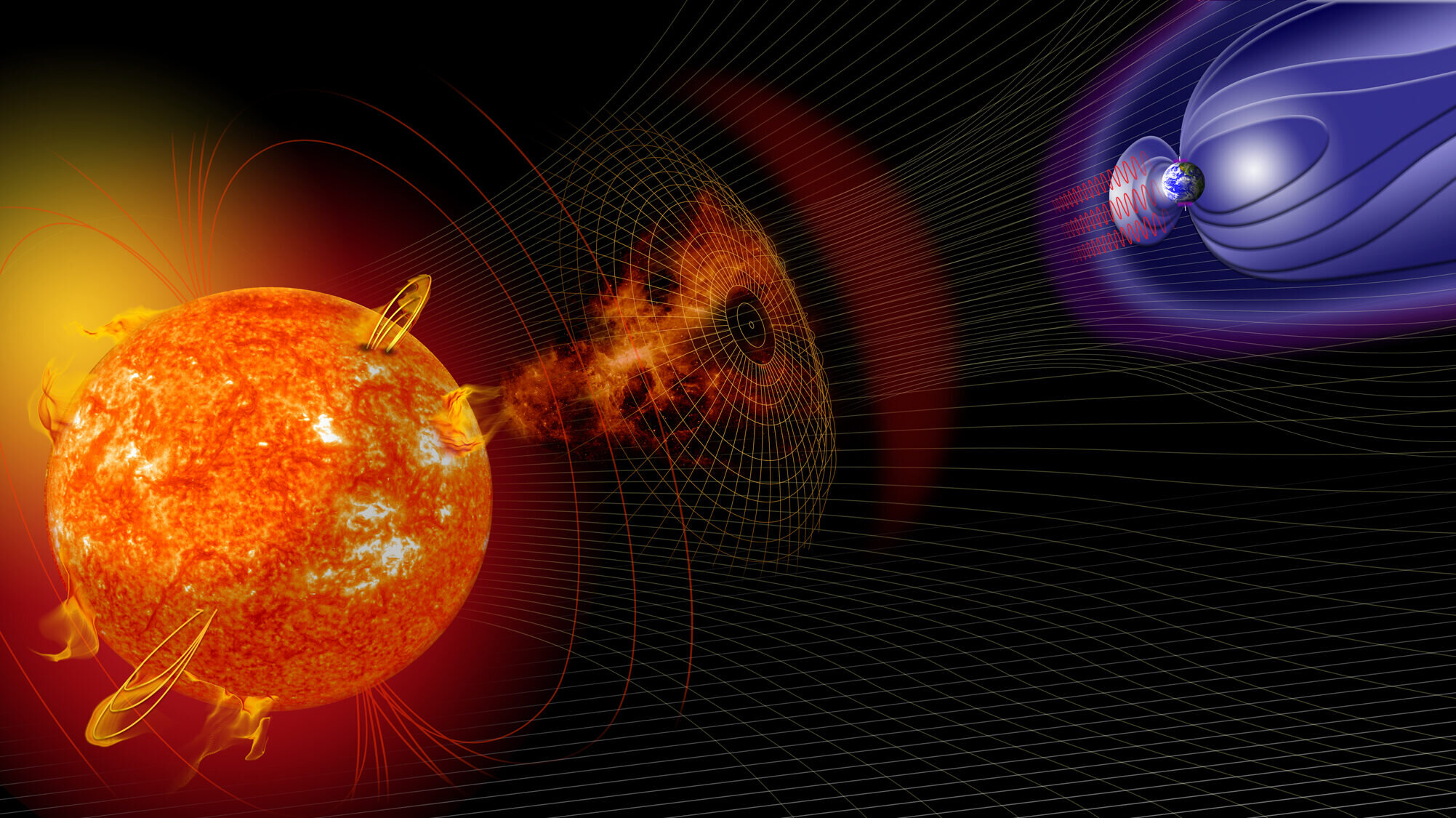 Художественная интерпретация событий на Солнце изменяющих условия в околоземном пространстве. Автор: NASA   