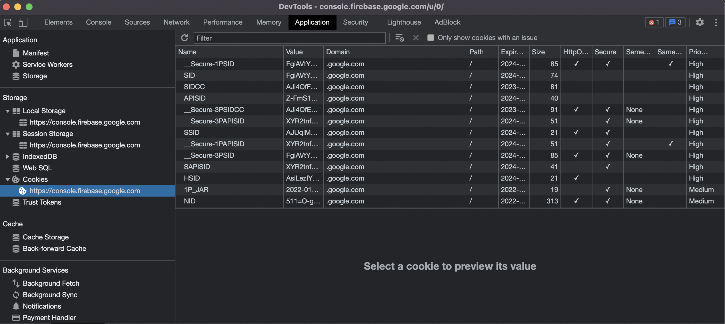 Cookie, получаемые в результате аутентификации в Firebase