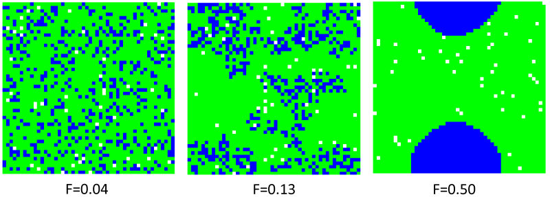 рис.5 (a) интегрированные (b) смешанные и (c) сегрегированные устойчивые паттерны, полученные с помощью модели Шеллинга для соотношения размеров 0.2:0.8 синего и зелёного цветов