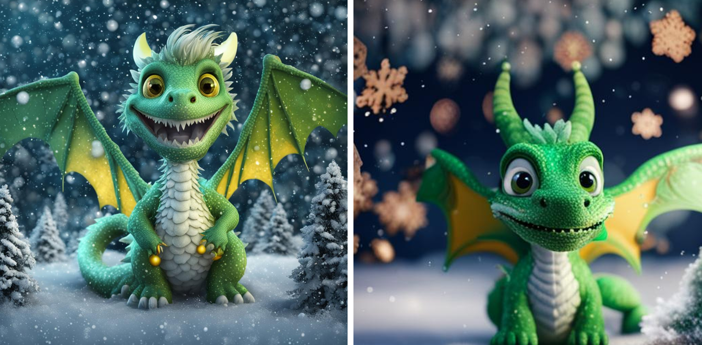 Слева – маленький смешной зеленый дракон, развернутые крылья, желтые глаза, улыбка; справа – small funny green dragon, spread wings, yellow eyes, smile   