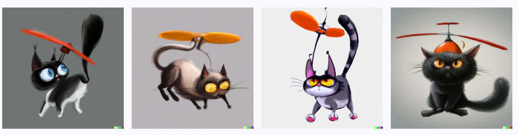 Helicopter cat with big eyes that spins its tail like a propelling, digital art