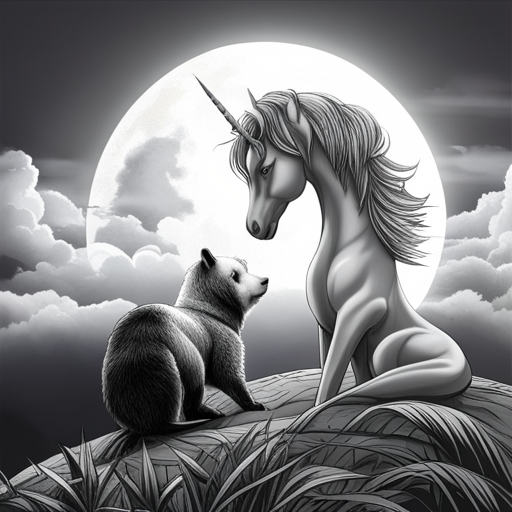 Black and White Coloring book: unicorn looking at the sun, panda baby next to him