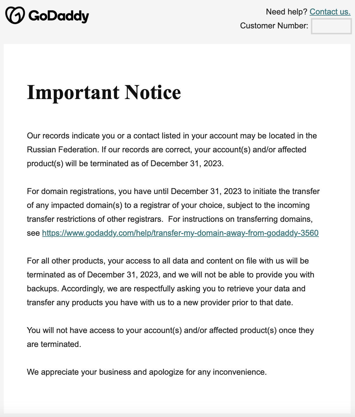 Письмо из GoDaddy о прекращении работы с пользователями из России