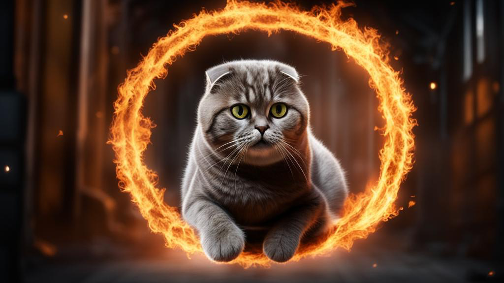 photorealistic scottish fold cat,  cat flies through the hoop of fire, dark grey fur, fat cat ,movie poster, cinematic, HDR,cinematic lighting