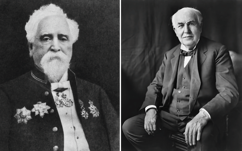 Кажется, что Эдисон (справа) вступал в конфликты со всеми выдающимися изобретателями того времени. В том числе с Хайремом Максимом (слева) — изобретателем знаменитого пулемета «Максим»