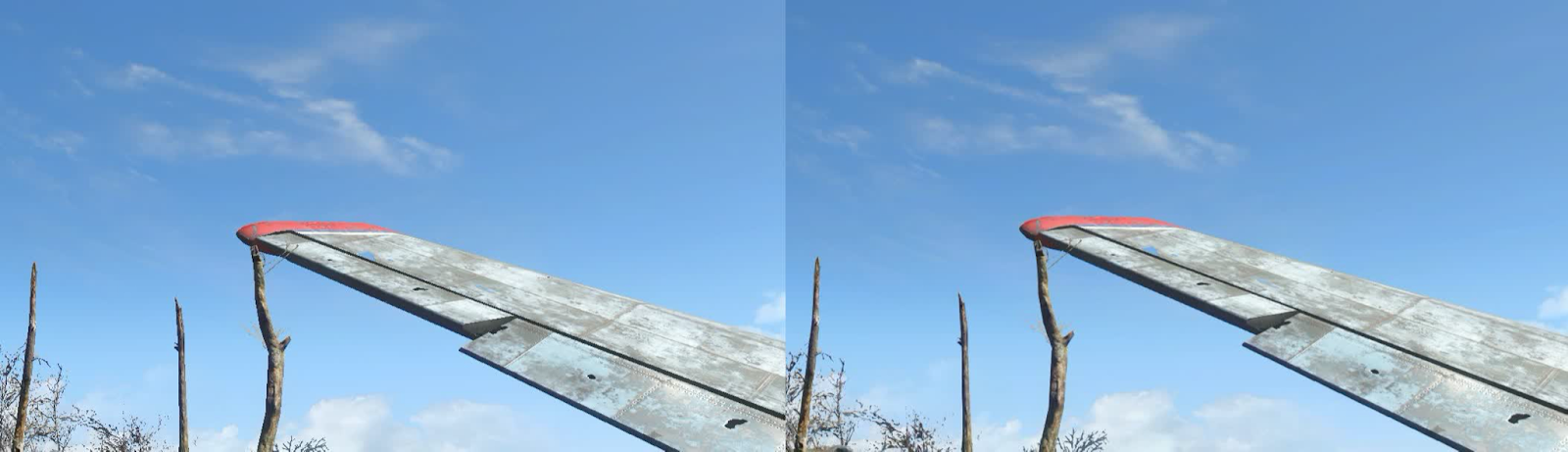 Без AA (слева) и FXAA (справа) — обратите внимание, что деревья и элероны на крыле выглядят намного более гладкими