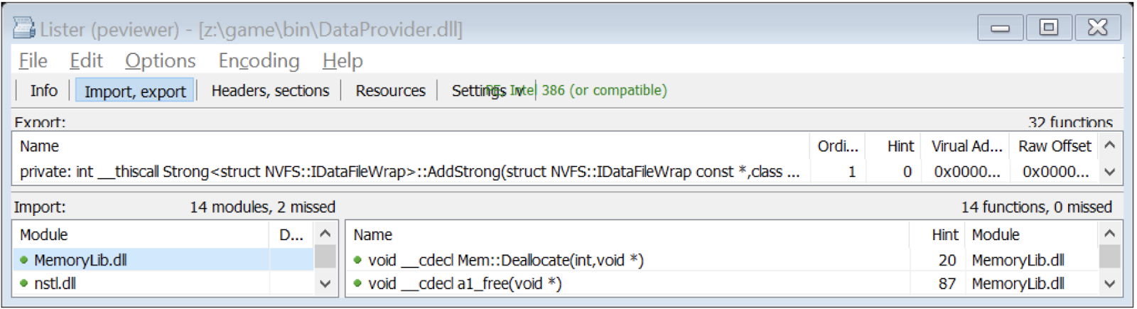 Раздел импорта библиотеки DataProvider.dll (Visual C++ 2019, Release)