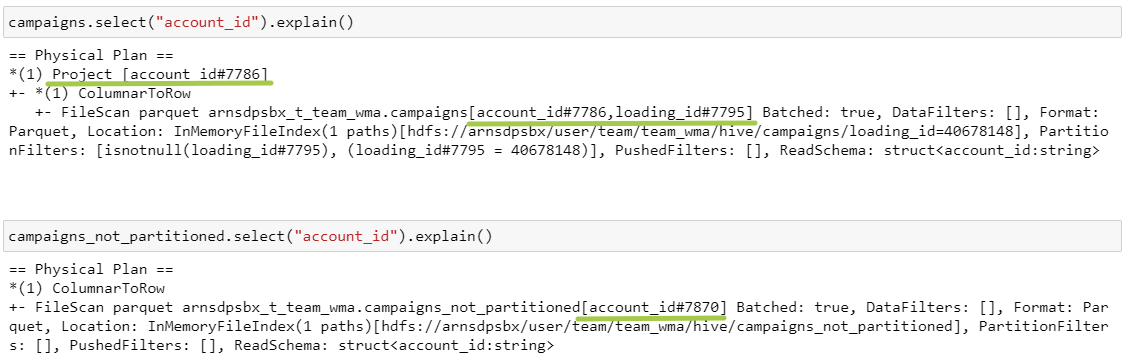 Выборка поля account_id из таблиц campaigns / campaigns_not_partitioned