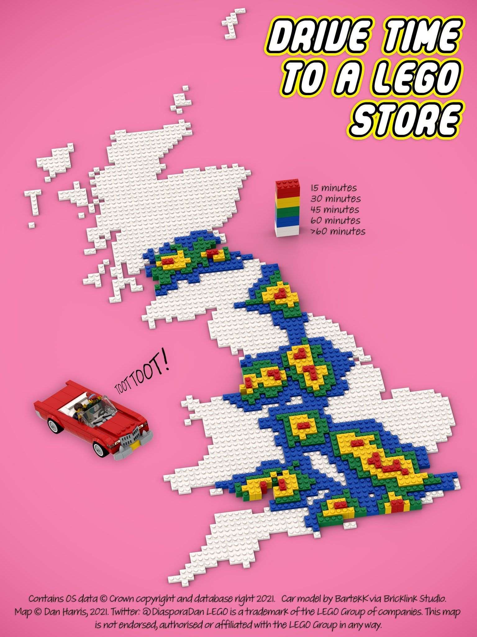 Карта автодоступности городов Великобритании в стиле LegoАвтор — Дэн Харрис