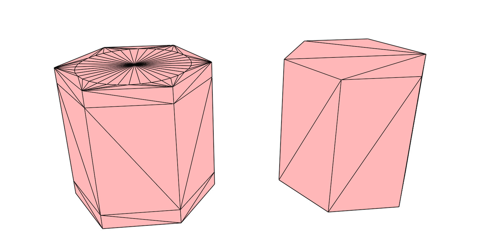 Рис. 17. Триангулированный Low Poly с добавленными для запечки рёбрами — слева. Триангулированный исходный Low Poly — справа. 