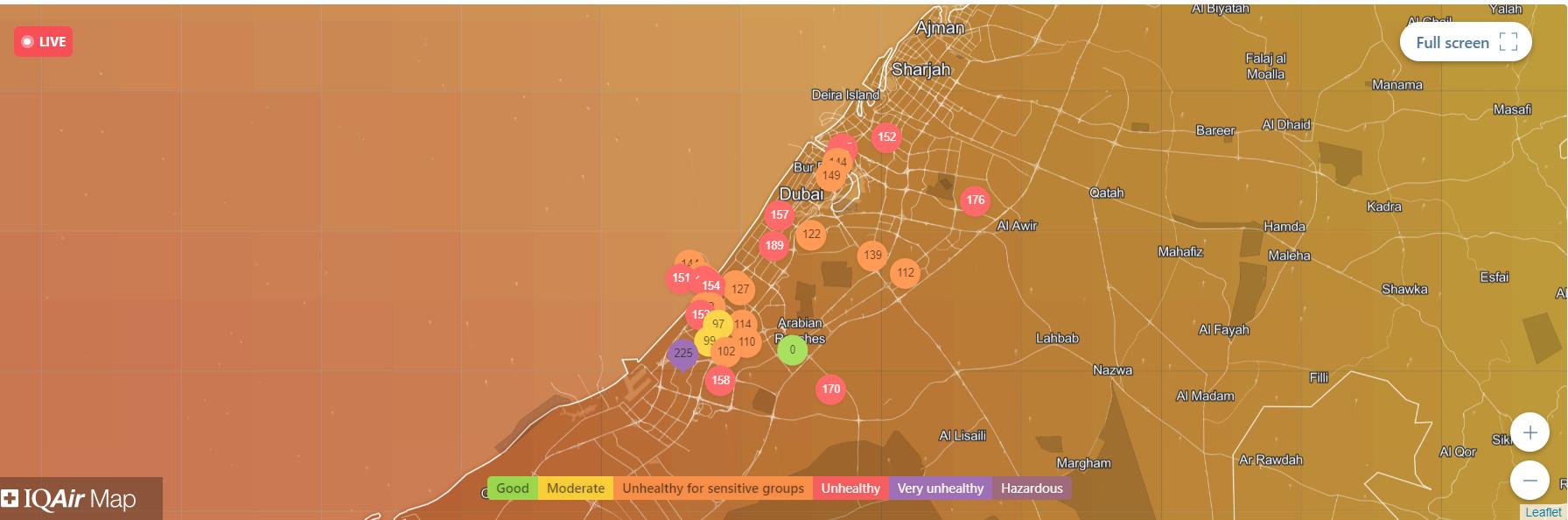 Данные по качеству воздуха с разных датчиков в Дубае в реальном времени. Сайт https://www.iqair.com 