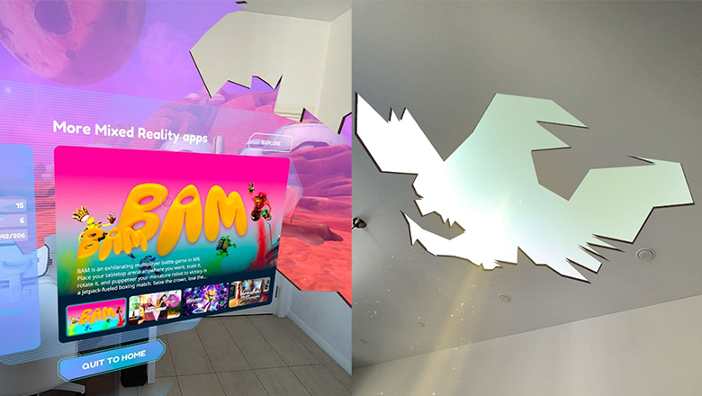 Демонстрация смешанной реальности на устройстве Meta* Quest 3. Гарнитура может сканировать пространство и "сделать дыру" в потолке