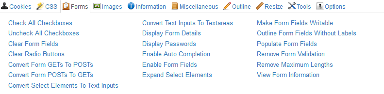 Web developer toolbar → вкладка «Forms»