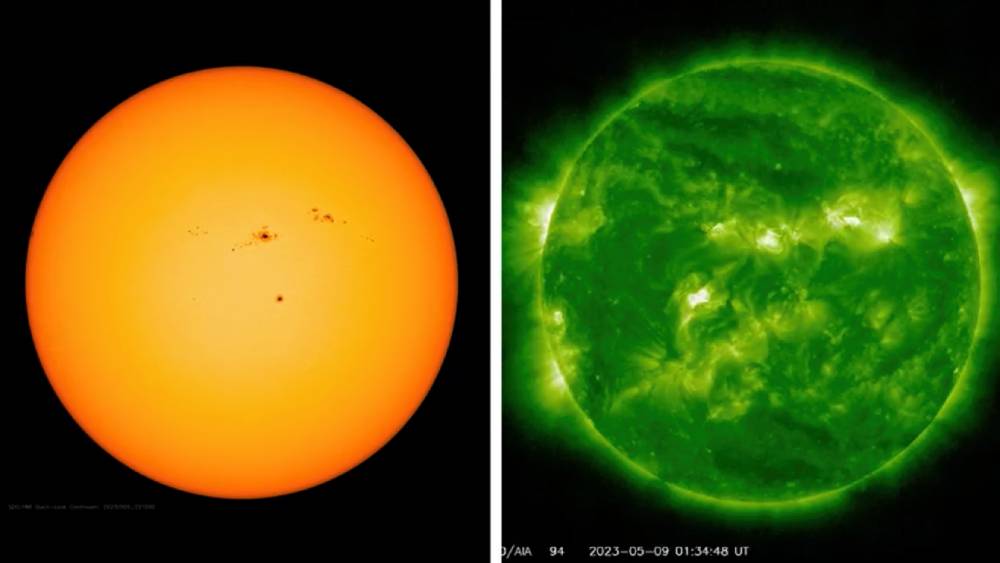 Слева: фотография Солнца в видимом свете после обработки, сделавшей его оранжевым. Справа: Солнце окрашено в зелёный цвет для изучения солнечных вспышек. Источник: НАСА