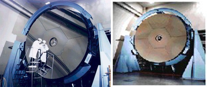 Шакальные фотографии сегментированного зеркала системы Large Advanced Mirror Program (LAMP, лампочка) 1988 года, которая испытывалась для космического лазерного оружия Space Based Laser (SBL)