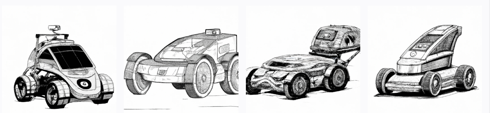 4 wheeled robot driverless trolley, sketch style car design, digital art