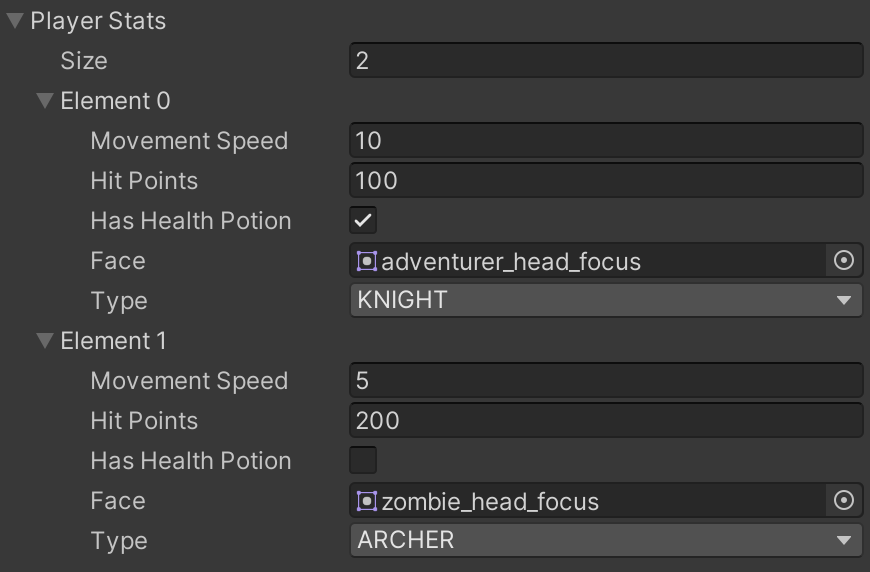 List of player stats with sprites and enums in the Unity inspector
